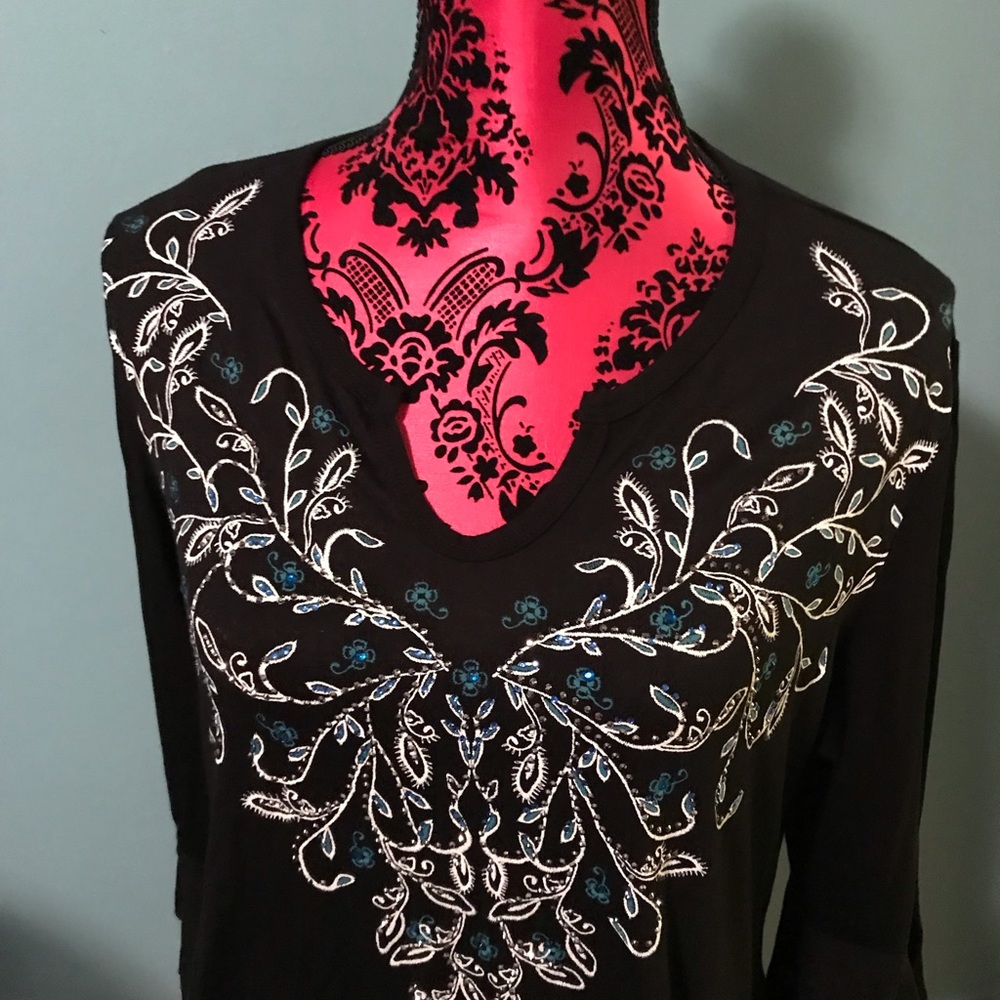 Liberty Wear black sparkly tunic with lace hem